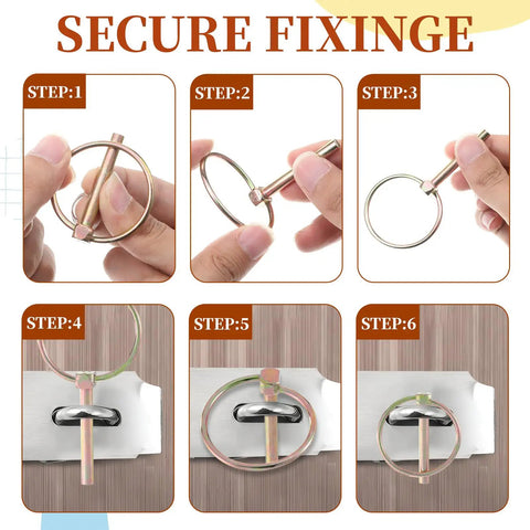 Step-by-step installation of Four Pack Quarter Inch Linch Pins Assortment Kit Heavy Duty Locking Shaft Pins for various equipment.