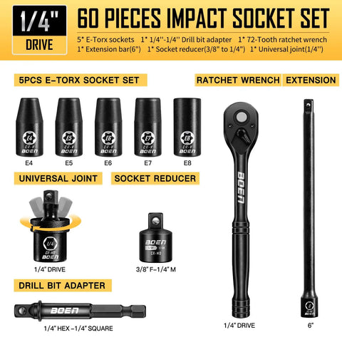 Beefy Quarter Inch Drive Impact Socket Set With Sixty Pieces For SAE And Metric Deep And Shallow Sockets, E Torx, And Accessories