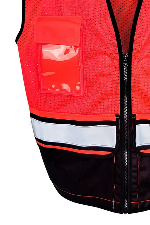 Straight Up Class 2 High Visibility Surveyor Vest With Slick Red And Black Mesh Cut For Zero Sweat Ventilation Plus A Secure ID Pocket Built Tough For Any Daily Work Hustle