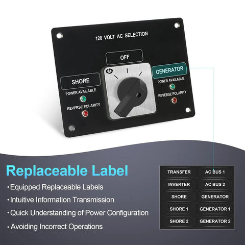 AC Rotary Selector Switch Panel 120V 30A Two Position With Reverse Polarity LED Indicator Light, replaceable label feature