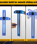 Adjustable Badass Quick Slide Aluminum T Square Measuring Tool With Built In Protractor Dial for woodworking, featuring slider details.