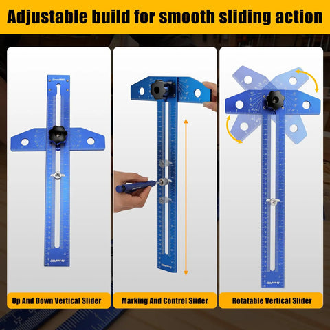 Adjustable Badass Quick Slide Aluminum T Square Measuring Tool With Built In Protractor Dial for woodworking, featuring slider details.