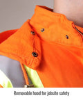 Close-up of the Full Zip Flame Resistant Hoodie Sweatshirt In Safety Orange, 12 Oz FR Cotton Knit Fleece with removable hood.