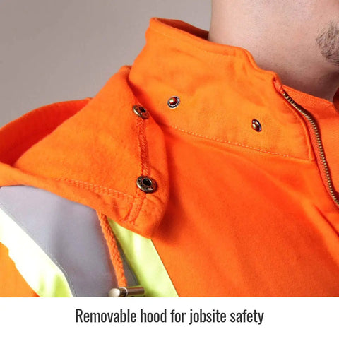 Close-up of the Full Zip Flame Resistant Hoodie Sweatshirt In Safety Orange, 12 Oz FR Cotton Knit Fleece with removable hood.