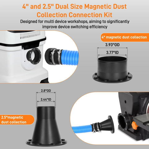 Front view of 4" and 2.5" magnetic dust collection adapters with hose, plus side and installed close-ups of fittings.