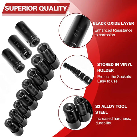 Magnetic Tap Socket Set, 11-Piece Pro Grade Magnetic Socket Adapters For Tap And Die Use, shown with black oxide layer and vinyl holder.