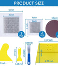 All-In-One Wall Hole Patch Kit with 9.8 Oz Repair Putty includes aluminum patches, scrapers, and sanding pad with dimensions.