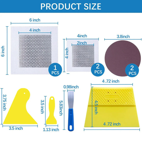 All-In-One Wall Hole Patch Kit with 9.8 Oz Repair Putty includes aluminum patches, scrapers, and sanding pad with dimensions.