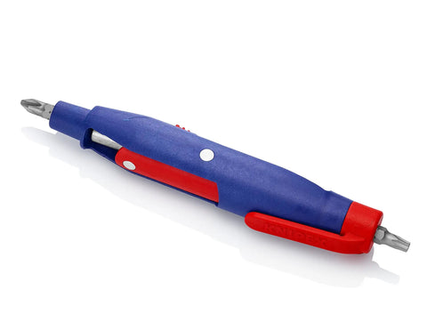 Pen Style Control Cabinet Key with Swivel Four Profile Heads, Eight and One Eighth Inch Long, blue and red utility tool