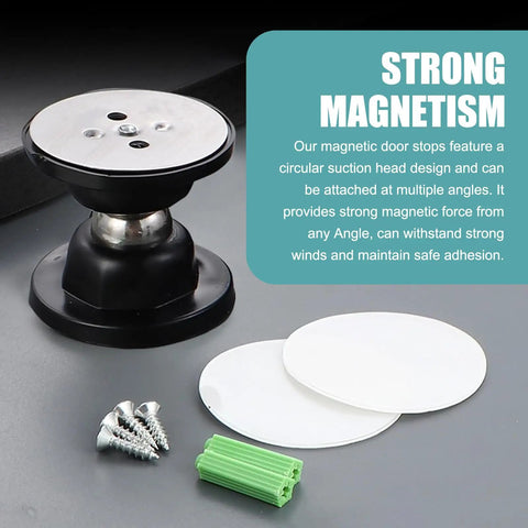 RV Magnetic Door Catch, 2.09 Inch Round Self Adhesive Door Holder with Screws, black stopper and accessories on table