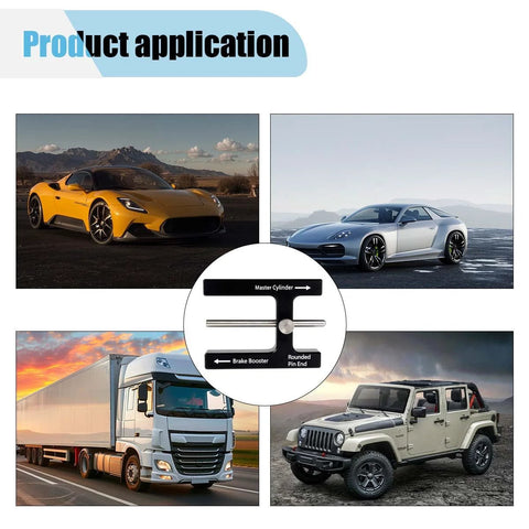 Car brake booster push rod adjustment tool with magnet and adjustable pin; black gauge centered in collage with Master Cylinder and Brake Booster labels