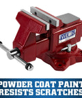 Utility Bench Vise Workhorse With 4-1/2 Inch Jaw Width, powder-coated surface, on a white background, 360 degree swivel base visible.