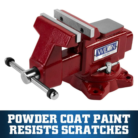 Utility Bench Vise Workhorse With 4-1/2 Inch Jaw Width, powder-coated surface, on a white background, 360 degree swivel base visible.