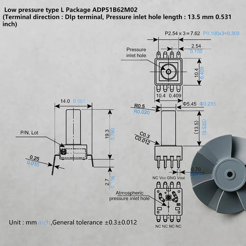 Technical drawing of Must Have Piezoresistive Washing Machine Water Level Sensor For Control Board, dimensions labeled, 8-pin DIP.