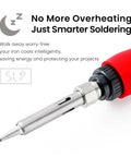 Close-up of 60W 120V Soldering Iron Kit With Digital LED Display showing red handle and metal tip, text overlay with features.