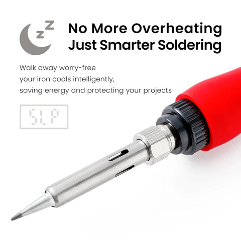 Close-up of 60W 120V Soldering Iron Kit With Digital LED Display showing red handle and metal tip, text overlay with features.