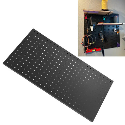 Durable Metal Perforated Panel Wall Storage Kit for Garage and Workshop with hooks and shelves, 4 panels system.