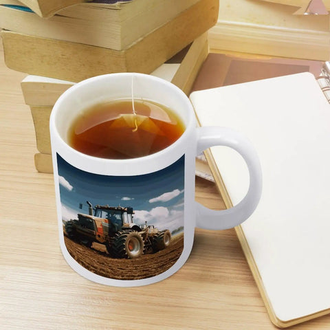 Fantasy Farm Tractor Ceramic Coffee Mug with Large Easy Grip Handle for Coffee and Tea Sippin shown on wooden table