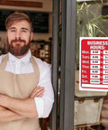 Open Sign For Windows And Doors, Bold Red And White Hours Of Operation Kit, 7.7 By 11.7 Inches, displayed on a shop door.