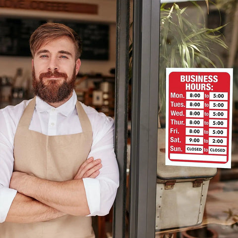 Open Sign For Windows And Doors, Bold Red And White Hours Of Operation Kit, 7.7 By 11.7 Inches, displayed on a shop door.