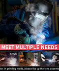 Welder using Auto Darkening 2x4 Welding Lens Shade 8-13 With True Color Blue Tech Filter Replacement in MIG mode