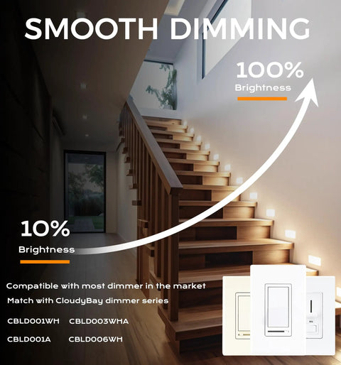 Dimmable 3 Color LED Indoor Outdoor Step Lights 3000K 4000K 5000K 3W 100lm installed on stairs with dimmer switches shown.