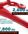 Ratchet Chain Binder One Quarter To Five Sixteenths Inch 2600 Lbs Working Load Limit showing red steel handle and specs.