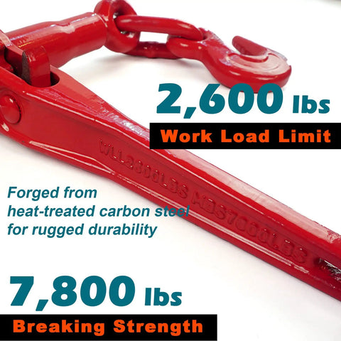 Ratchet Chain Binder One Quarter To Five Sixteenths Inch 2600 Lbs Working Load Limit showing red steel handle and specs.