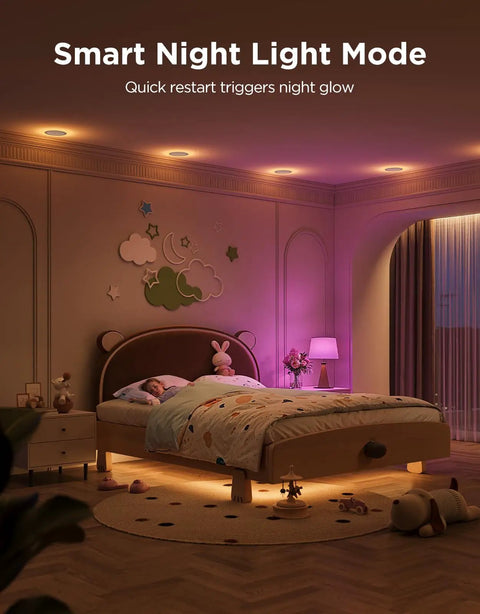 Smart Recessed Lights 6 Inch Led Downlights 1100 Lumens 4 Pack With Rgbic Ambient Backlight And Tunable Color Temperature For Modern Home Spaces Fresh Vibe Upgrade in a cozy bedroom setting with soft glow.