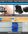 Shop Floor Safe Dual Leg Featherboard For Table Saws And Router Tables Anti Kickback Accessory With Flexible Arms in use with wooden material.
