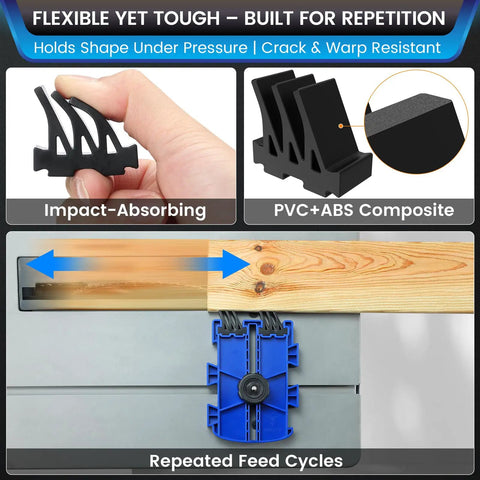 Shop Floor Safe Dual Leg Featherboard For Table Saws And Router Tables Anti Kickback Accessory With Flexible Arms in use with wooden material.