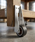 Smooth Operator Vertical Track Roller For Heavy Duty Sliding Barn Doors With Rock Solid Anti Sag Bracket And Quiet Double Bearing Rubber Bottom Wheels Upgrade Kit mounted on wooden frame.