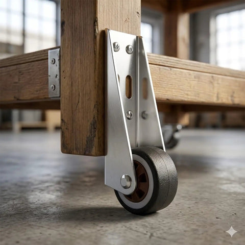 Smooth Operator Vertical Track Roller For Heavy Duty Sliding Barn Doors With Rock Solid Anti Sag Bracket And Quiet Double Bearing Rubber Bottom Wheels Upgrade Kit mounted on wooden frame.