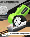 Powerhouse Cordless Electric Scissors With Rechargeable 4 Point 2V Battery And Self Sharpening Rotary Blades For Effortless Cardboard Cutting, cutting cardboard with LED light.
