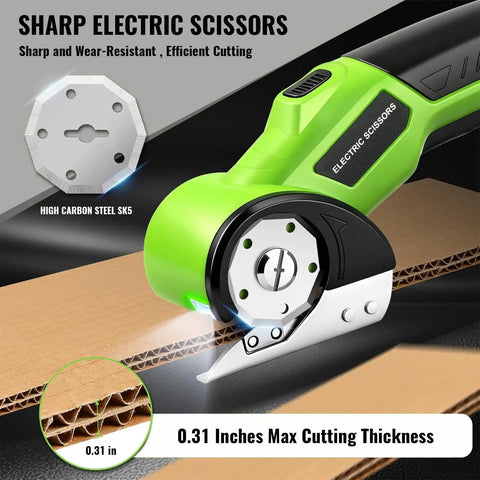 Powerhouse Cordless Electric Scissors With Rechargeable 4 Point 2V Battery And Self Sharpening Rotary Blades For Effortless Cardboard Cutting, cutting cardboard with LED light.