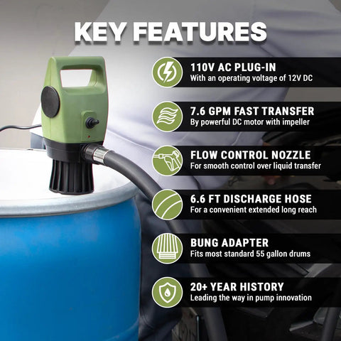 Heavy Duty Electric Drum Pump With 7.6 GPM Flow Rate, DC 20V Powered Diesel And DEF Transfer Pump features 6.6 ft hose and bung adapter.