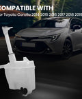 Windshield Washer Reservoir Kit With Cap And Pump For Toyota Corolla 2014-2019 next to a black car on a dark street