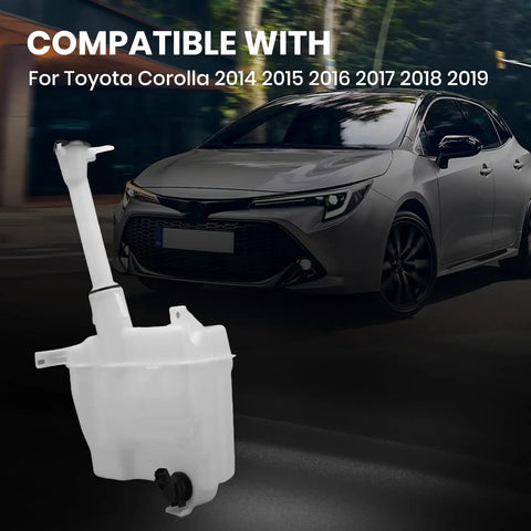 Windshield Washer Reservoir Kit With Cap And Pump For Toyota Corolla 2014-2019 next to a black car on a dark street