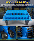 Pro Grade Engine Part Organizer Nylon Tray for Valves and Engine Parts with multiple compartment design in blue on display.