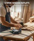 Heavy Duty 15 Feet Extension Cord With Five Outlet Power Hub For Workshop And Job Sites Fo Sho Reliable Overload Protection Built In Circular Layout Fits Bulky Plugs Straight Up Essential Gear on a workbench powering tools.