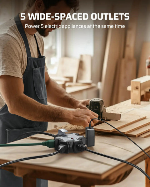 Heavy Duty 15 Feet Extension Cord With Five Outlet Power Hub For Workshop And Job Sites Fo Sho Reliable Overload Protection Built In Circular Layout Fits Bulky Plugs Straight Up Essential Gear on a workbench powering tools.