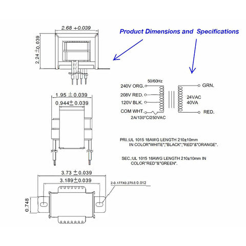 Technical diagram of Two Pack EI Isolation Transformer For HVAC Controls 120/208/240V Primary 24V Secondary 40 VA Class 2