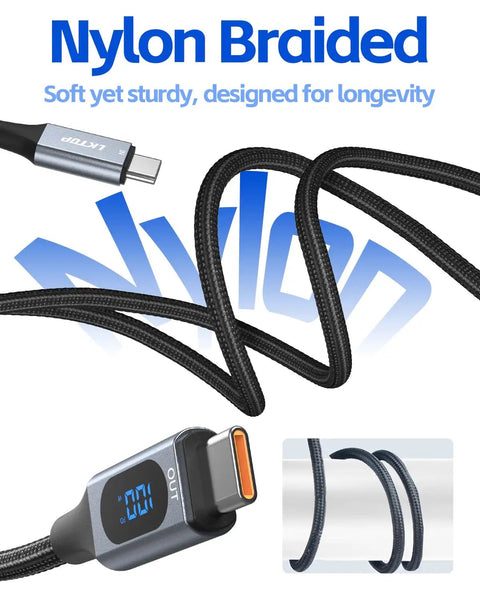 100W USB C Cable With LED Display For DJI Drones And Action Cameras Nylon Braided Type C Fast Charging Cord 3.3 Foot detail