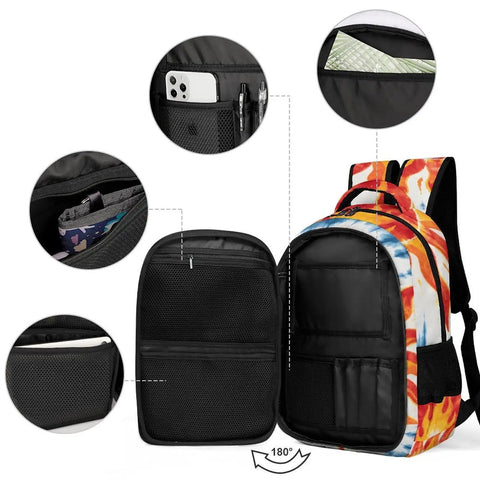 Open view of Blue Radial Tie Dye Sun Pattern Backpack Unisex Large Capacity Daypack Made From Durable Polyester showing compartments.