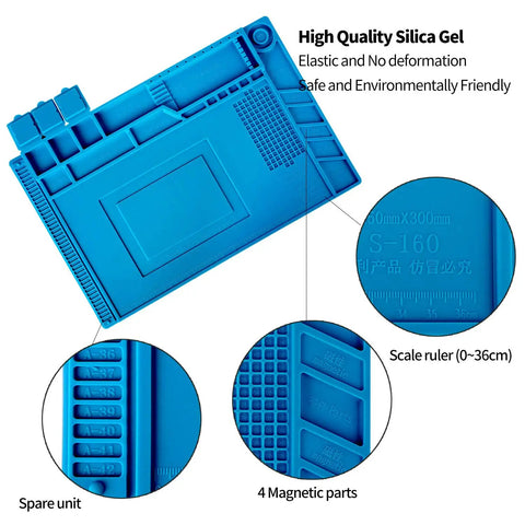 Magnetic Silicone Soldering Mat Work Station Pro Gear With Built In Ruler For Precise DIY Repairs, close-up showing zones and materials.