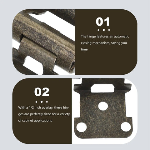 Close-up of heavy duty two pack self closing semi concealed cabinet hinges with cover plate, detailed view of hinge overlay.