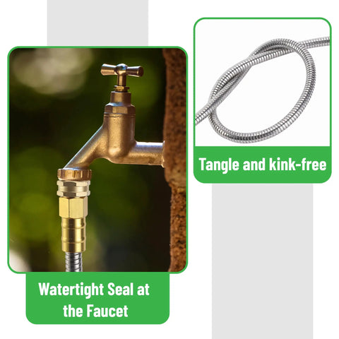 Stainless Steel Garden Hose With 4 Function Brass Nozzle 25 Ft No Kink Metal Hose showing watertight seal and flexible coil.