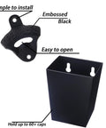 Heavy Duty Cast Iron Bottle Cap Opener Wall Mounted With Catcher Tray For Garage Bar Or Home Man Cave Built Tough As Nails And Crafted For Easy Weekend Party Hosting with embossed black opener and cap catcher.