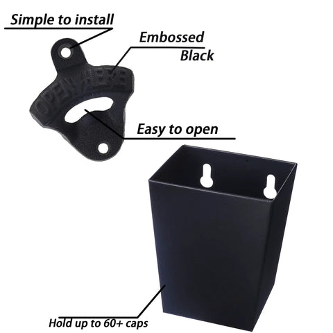 Heavy Duty Cast Iron Bottle Cap Opener Wall Mounted With Catcher Tray For Garage Bar Or Home Man Cave Built Tough As Nails And Crafted For Easy Weekend Party Hosting with embossed black opener and cap catcher.