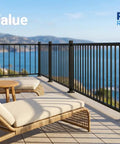 Badass Deck Railing Kit For Your Backyard on a patio with stylish lounge chairs and a scenic ocean view.
